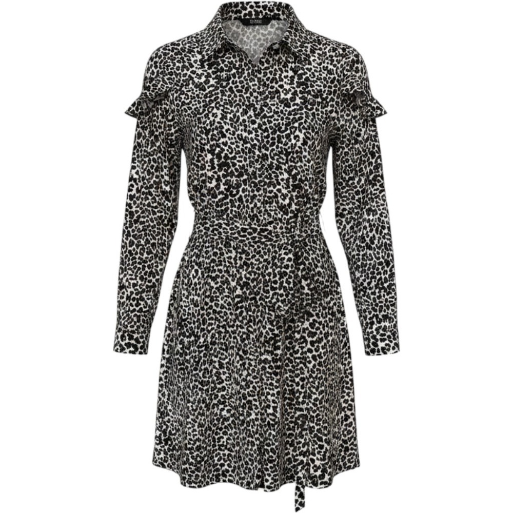SPLASH | Leopard Print Shirt Dress Women 18 Black White Ruffle Belted Casual